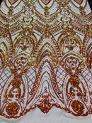 Fish Net Damask Sequins - Orange Nude Mesh - 4 Way Stretch Shiny Fashion Sequins By Yard
