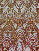 Fish Net Damask Sequins - Orange Nude Mesh - 4 Way Stretch Shiny Fashion Sequins By Yard