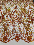 Fish Net Damask Sequins - Orange Nude Mesh - 4 Way Stretch Shiny Fashion Sequins By Yard