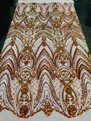Fish Net Damask Sequins - Orange Nude Mesh - 4 Way Stretch Shiny Fashion Sequins By Yard