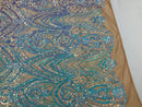 Fish Net Damask Sequins - Aqua - 4 Way Stretch Shiny Fashion Sequins By Yard