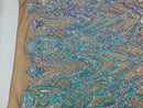 Fish Net Damask Sequins - Aqua - 4 Way Stretch Shiny Fashion Sequins By Yard