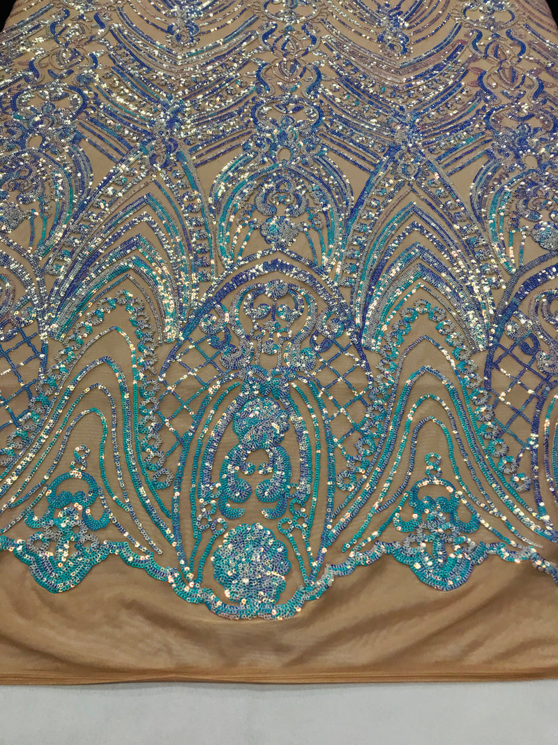 Fish Net Damask Sequins - Aqua - 4 Way Stretch Shiny Fashion Sequins By Yard