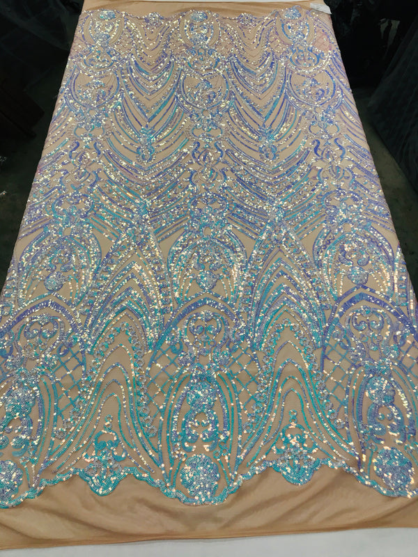 Fish Net Damask Sequins - Aqua - 4 Way Stretch Shiny Fashion Sequins By Yard