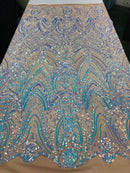 Fish Net Damask Sequins - Aqua - 4 Way Stretch Shiny Fashion Sequins By Yard
