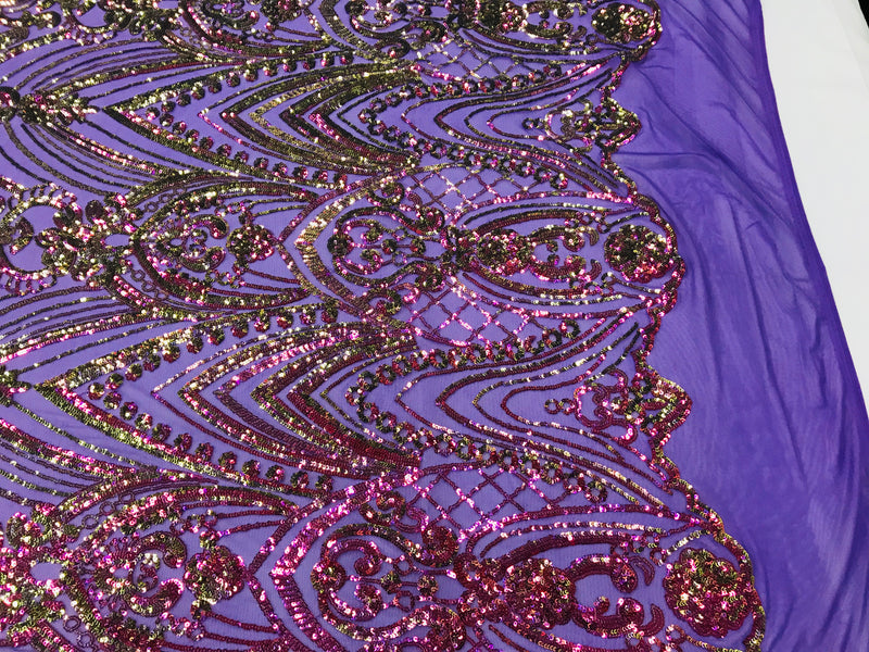 Fish Net Damask Sequins - Magenta - 4 Way Stretch Shiny Fashion Sequins By Yard