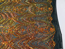 Fish Net Damask Sequins - Orange Black Mesh - 4 Way Stretch Shiny Fashion Sequins By Yard