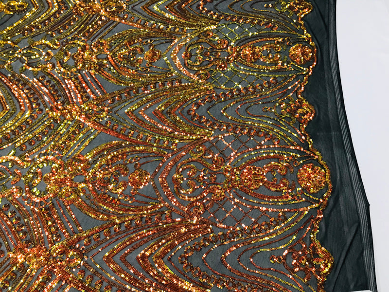 Fish Net Damask Sequins - Orange Black Mesh - 4 Way Stretch Shiny Fashion Sequins By Yard