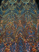 Fish Net Damask Sequins - Orange Black Mesh - 4 Way Stretch Shiny Fashion Sequins By Yard