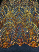 Fish Net Damask Sequins - Orange Black Mesh - 4 Way Stretch Shiny Fashion Sequins By Yard