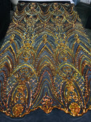 Fish Net Damask Sequins - Orange Black Mesh - 4 Way Stretch Shiny Fashion Sequins By Yard