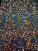 Fish Net Damask Sequins - Orange Black Mesh - 4 Way Stretch Shiny Fashion Sequins By Yard