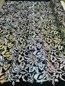 Reversible Velvet Sequins - Iridescent White / Silver 2 Way Stretch Pattern Sequins on Black Velvet