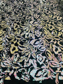 Reversible Velvet Sequins - Iridescent White / Silver 2 Way Stretch Pattern Sequins on Black Velvet