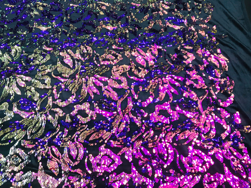Reversible Velvet Sequins - Iridescent Purple - 2 Way Stretch Pattern Sequins on Black Velvet