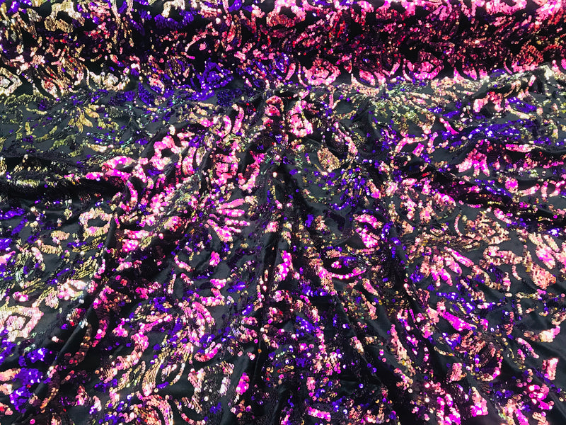 Reversible Velvet Sequins - Iridescent Purple - 2 Way Stretch Pattern Sequins on Black Velvet