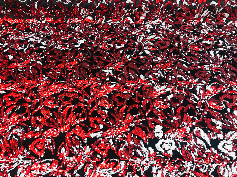 Reversible Velvet Sequins - Red / White - 2 Way Stretch Pattern Sequins on Black Velvet