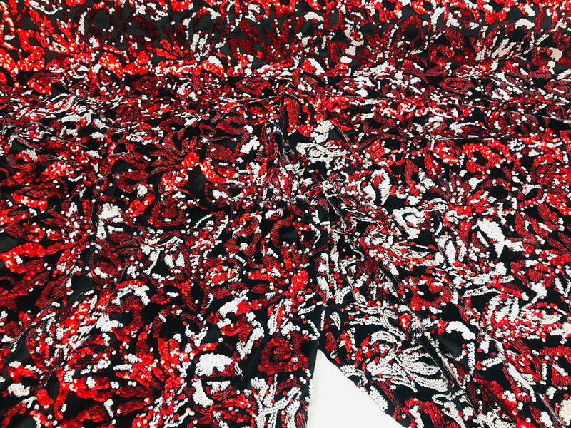 Reversible Velvet Sequins - Red / White - 2 Way Stretch Pattern Sequins on Black Velvet