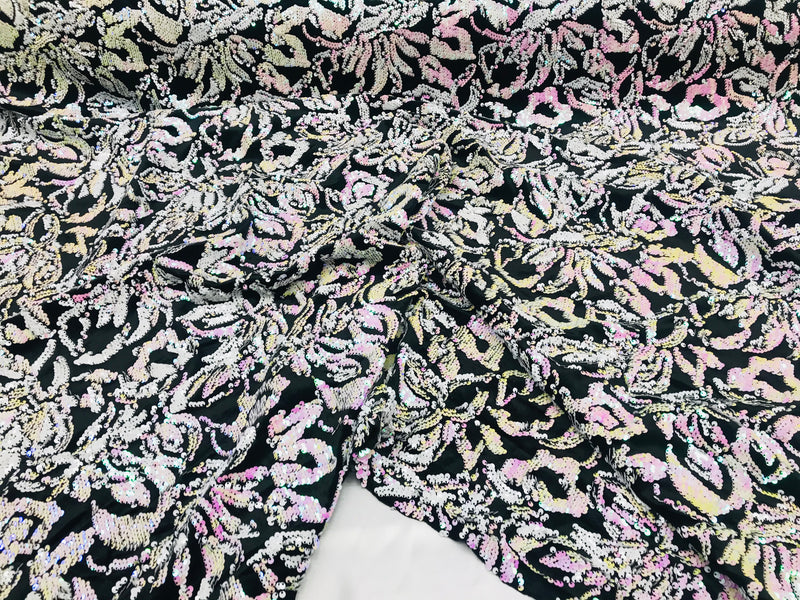 Reversible Velvet Sequins - Iridescent White / Pink - 2 Way Stretch Pattern Sequins on Black Velvet