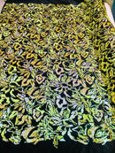 Reversible Velvet Sequins - Iridescent Yellow - 2 Way Stretch Pattern Sequins on Black Velvet