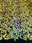Reversible Velvet Sequins - Iridescent Yellow - 2 Way Stretch Pattern Sequins on Black Velvet