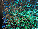 Reversible Velvet Sequins - Iridescent Blue Green - 2 Way Stretch Pattern Sequins on Black Velvet