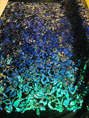 Reversible Velvet Sequins - Iridescent Blue Green - 2 Way Stretch Pattern Sequins on Black Velvet