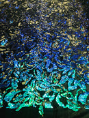 Reversible Velvet Sequins - Iridescent Blue Green - 2 Way Stretch Pattern Sequins on Black Velvet