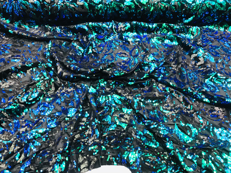 Reversible Velvet Sequins - Iridescent Blue Green - 2 Way Stretch Pattern Sequins on Black Velvet