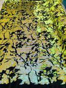Reversible Velvet Sequins - Iridescent Yellow - 2 Way Stretch Shiny Sequins Fabric Black Velvet