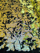 Reversible Velvet Sequins - Iridescent Yellow - 2 Way Stretch Shiny Sequins Fabric Black Velvet
