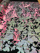 Reversible Velvet Sequins Hot Pink / Iridescent Pink 2 Way Stretch Shiny Sequins Fabric Black Velvet