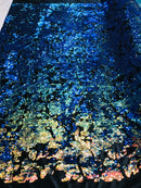 Reversible Velvet Sequins - Iridescent Blue Rainbow  2 Way Stretch Shiny Sequins Fabric Black Velvet