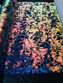 Reversible Velvet Sequins - Iridescent Blue Rainbow  2 Way Stretch Shiny Sequins Fabric Black Velvet