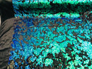 Reversible Velvet Sequins - Royal Blue / Aqua - 2 Way Stretch Shiny Sequins Fabric on Black Velvet