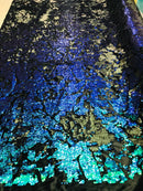 Reversible Velvet Sequins - Royal Blue / Aqua - 2 Way Stretch Shiny Sequins Fabric on Black Velvet