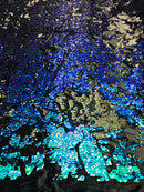 Reversible Velvet Sequins - Royal Blue / Aqua - 2 Way Stretch Shiny Sequins Fabric on Black Velvet