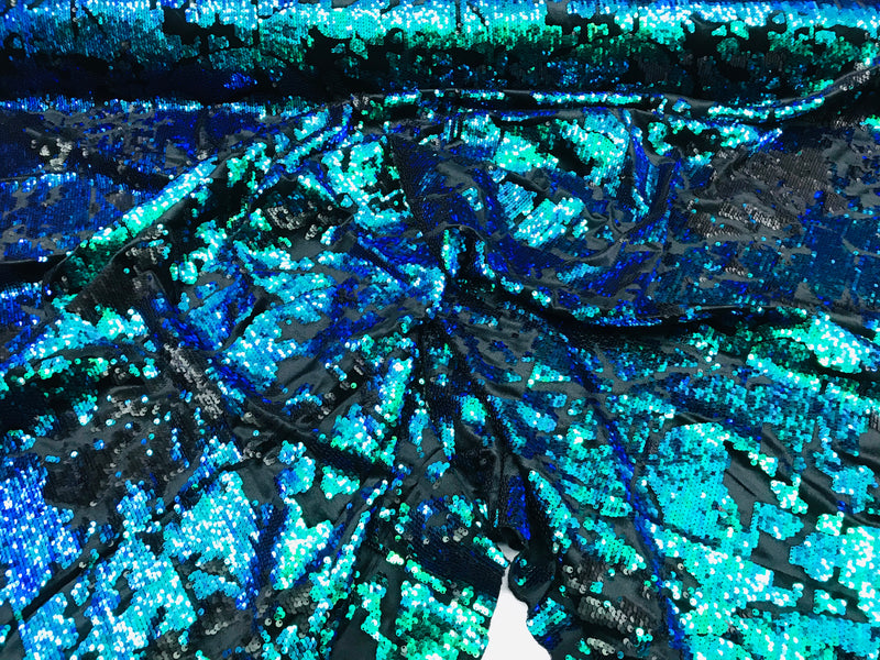 Reversible Velvet Sequins - Royal Blue / Aqua - 2 Way Stretch Shiny Sequins Fabric on Black Velvet