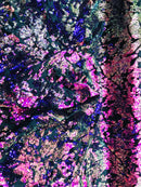 Reversible Velvet Sequins - Iridescent Purple - 2 Way Stretch Shiny Sequins Fabric on Black Velvet