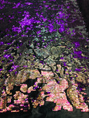 Reversible Velvet Sequins - Iridescent Purple - 2 Way Stretch Shiny Sequins Fabric on Black Velvet