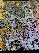 Reversible Velvet Sequins - Unicorn / Gold - 2 Way Stretch Shiny Sequins Fabric on Black Velvet