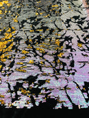 Reversible Velvet Sequins - Unicorn / Gold - 2 Way Stretch Shiny Sequins Fabric on Black Velvet