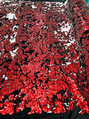 Reversible Velvet Sequins - Red / White - 2 Way Stretch Shiny Sequins Fabric on Black Velvet