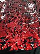 Reversible Velvet Sequins - Red / White - 2 Way Stretch Shiny Sequins Fabric on Black Velvet