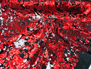 Reversible Velvet Sequins - Red / White - 2 Way Stretch Shiny Sequins Fabric on Black Velvet