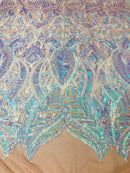 Luxury Feather Sequins - Iridescent Aqua - 4 Way Stretch Glamorous Fringe Feather Sequins Fabric