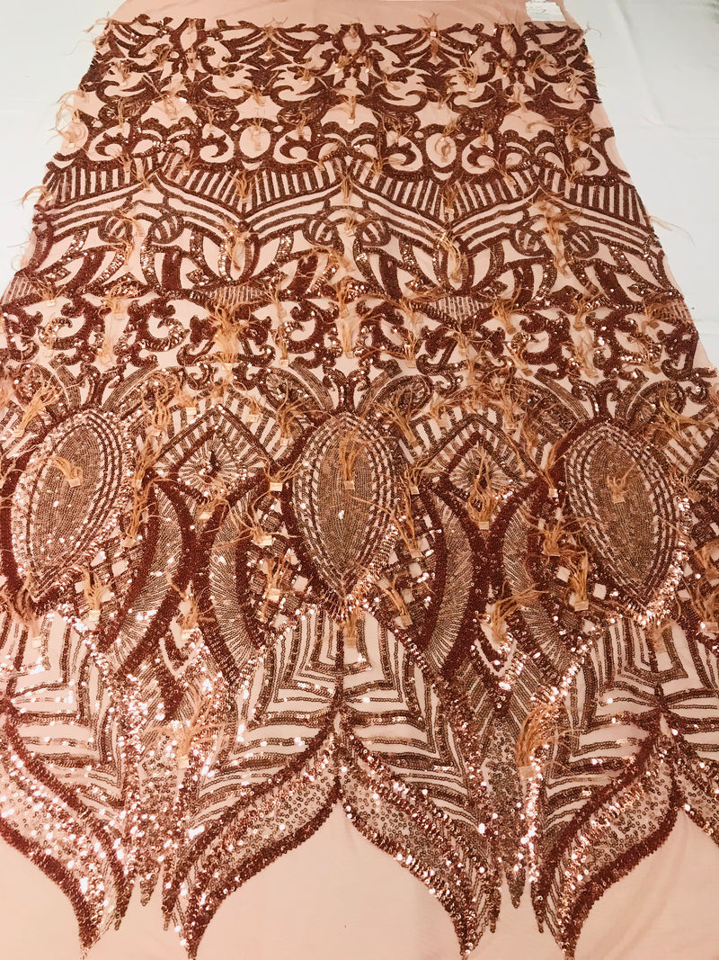 Luxury Feather Sequins - Rose Gold - 4 Way Stretch Glamorous Shine Fringe Feather Sequins Fabric