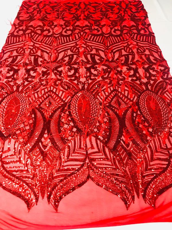 Luxury Feather Sequins - Red - 4 Way Stretch Glamorous Shine Fringe Feather Sequins Fabric