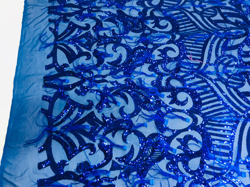 Luxury Feather Sequins - Royal Blue - 4 Way Stretch Glamorous Fringe Feather Sequins Fabric