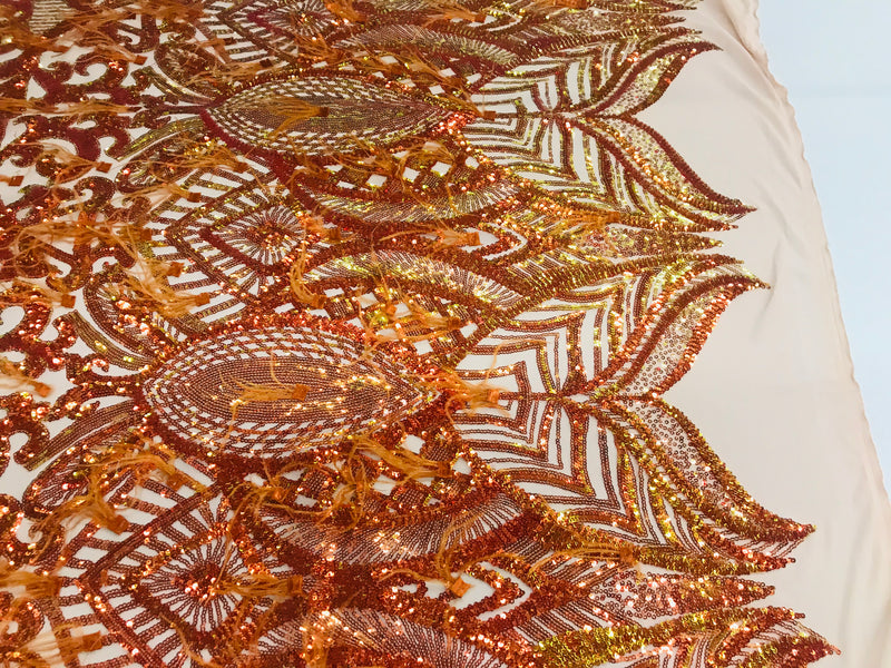 Luxury Feather Sequins - Iridescent Orange - 4 Way Stretch Glamorous Fringe Feather Sequins Fabric